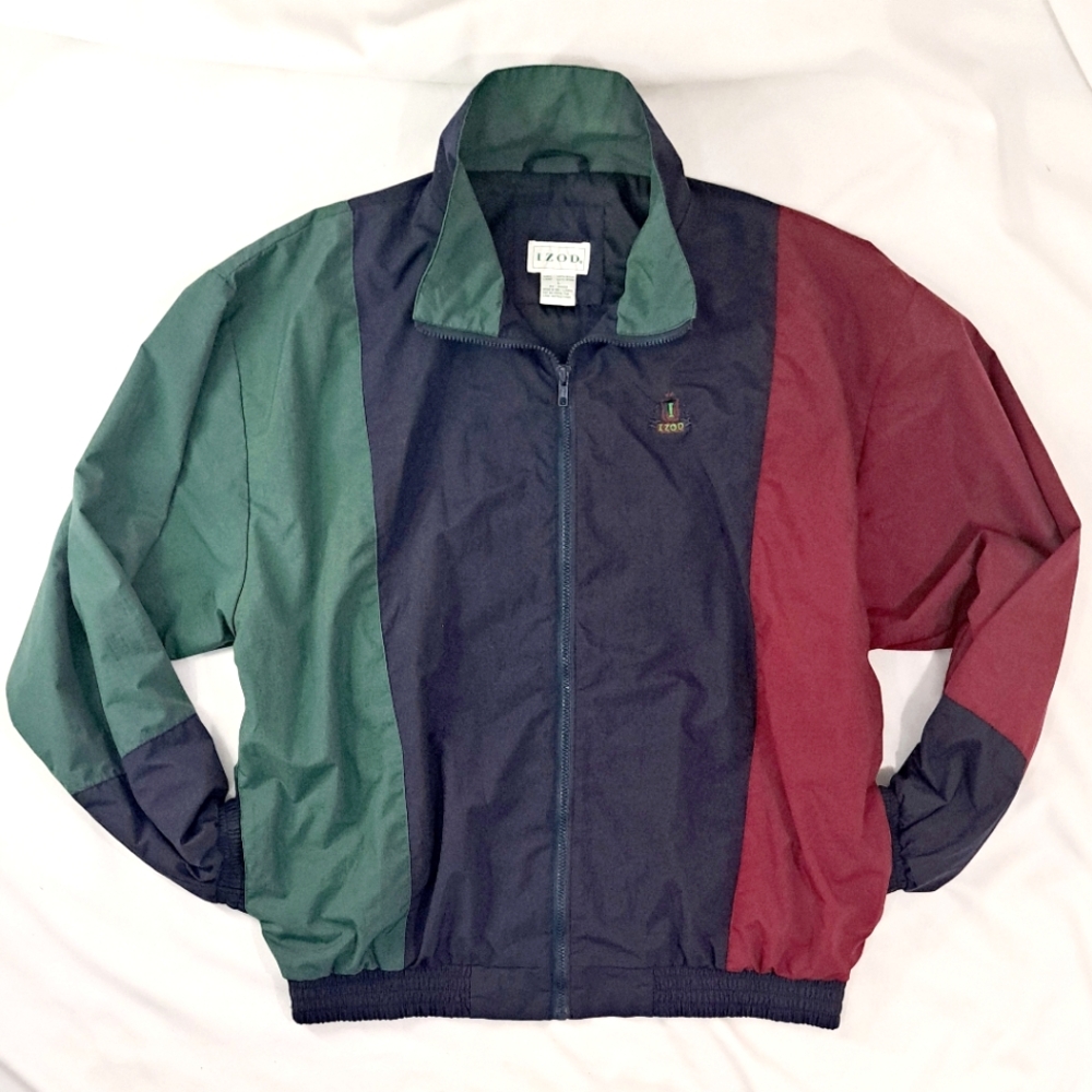 Mens Izod Vintage 90's Retro Windbreaker Color Block Burgundy Navy Green Large